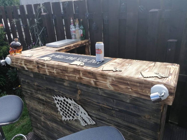 J-Shaped Rustic Garden Bar | Handmade Scorched Wood Home Bar UK
