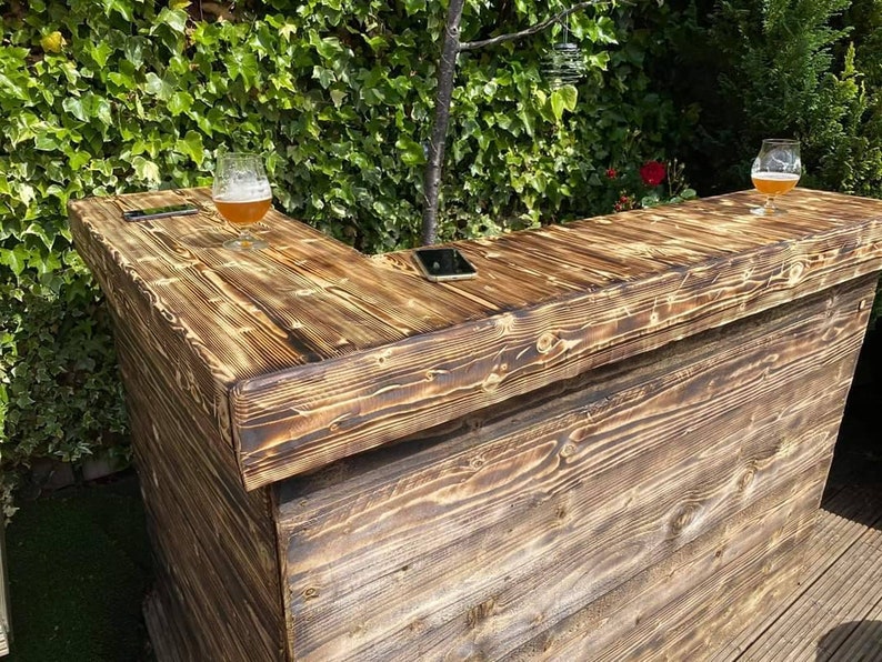J-Shaped Rustic Garden Bar | Handmade Scorched Wood Home Bar UK