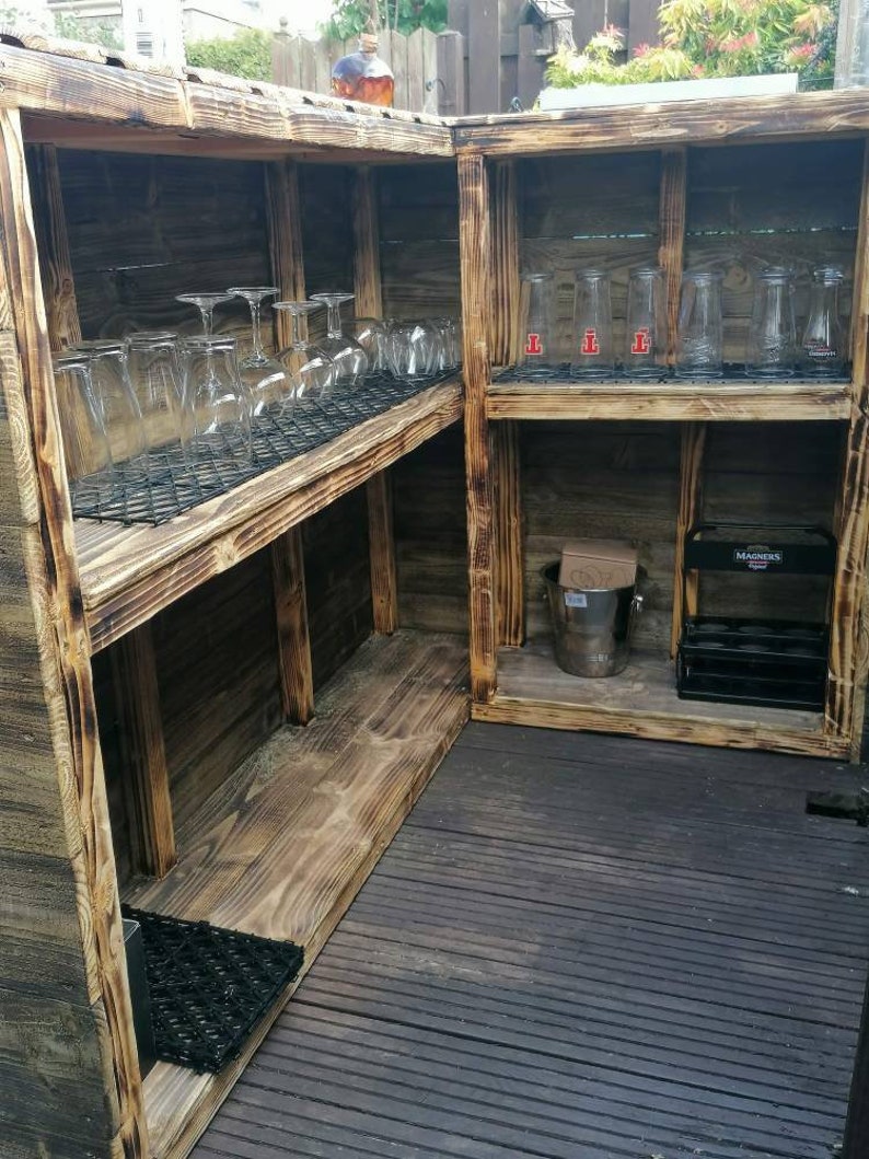 J-Shaped Rustic Garden Bar | Handmade Scorched Wood Home Bar UK