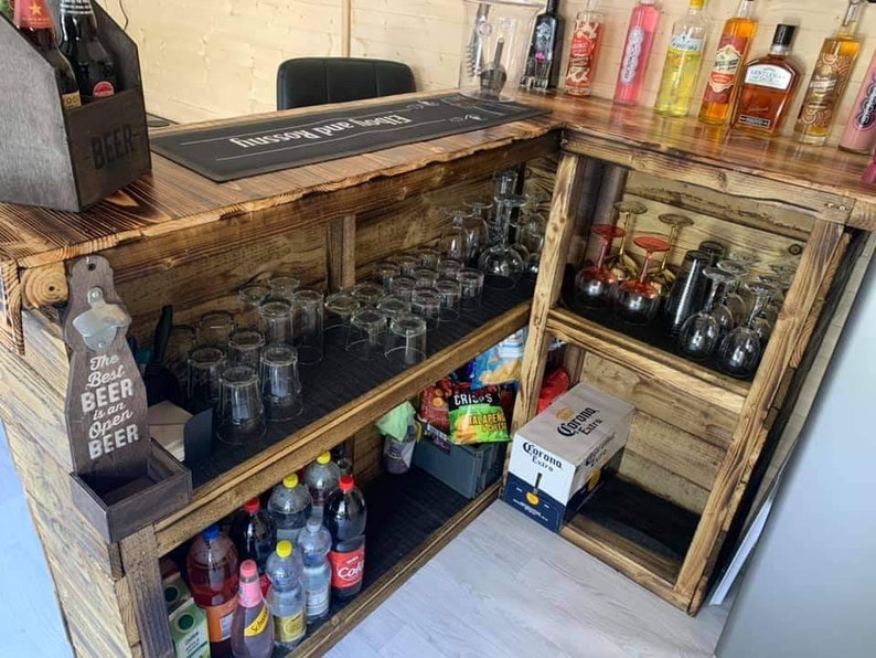 J-Shaped Rustic Garden Bar | Handmade Scorched Wood Home Bar UK