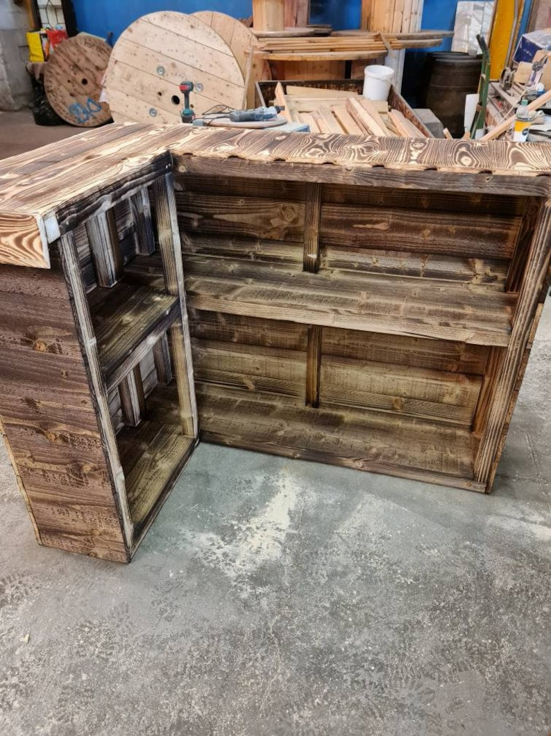Rustic L-Shaped Wooden Bar Set with 4 Stools | UK Handmade Home Bar Furniture