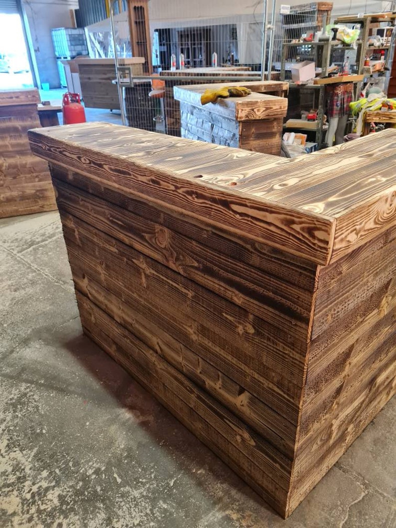Rustic L-Shaped Wooden Bar Set with 4 Stools | UK Handmade Home Bar Furniture