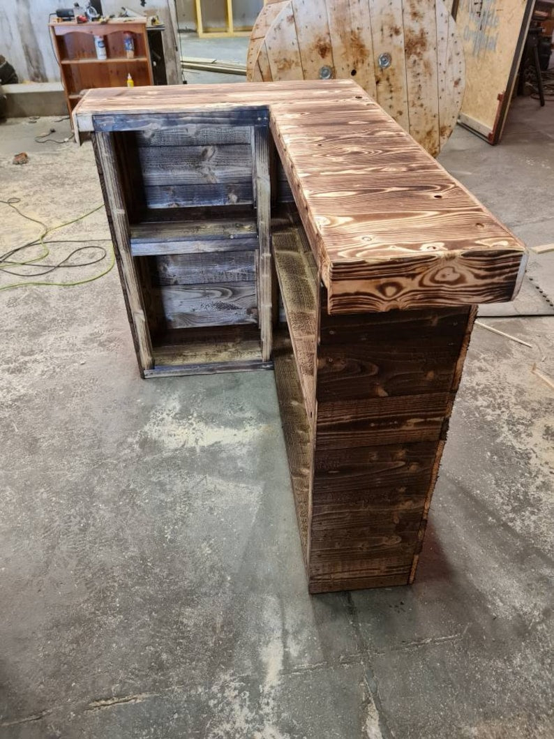 Rustic L-Shaped Wooden Bar Set with 4 Stools | UK Handmade Home Bar Furniture